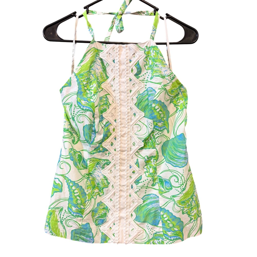 Lilly Pulitzer Seashell Halter Top Size 4 Green Blue White Lace Trim Cotton